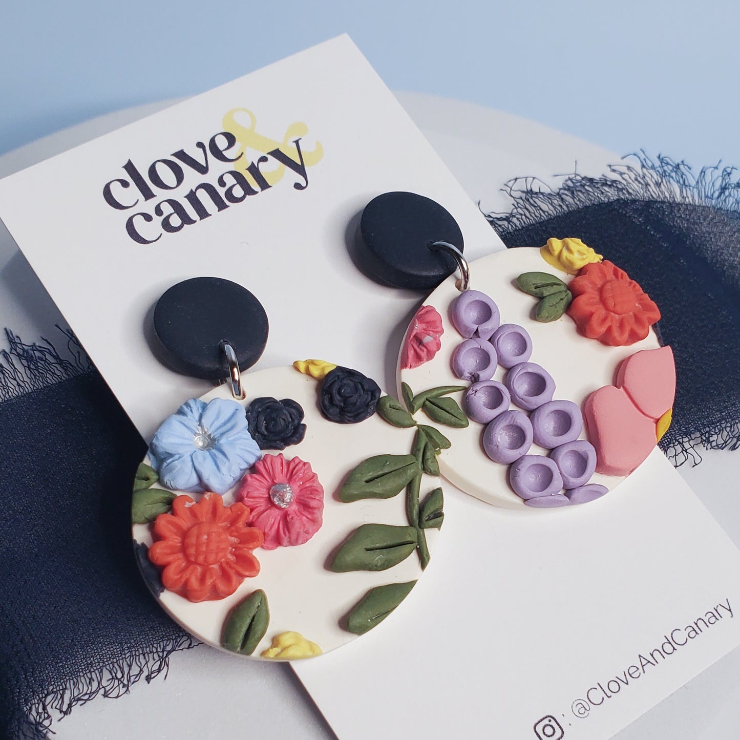 Large Circle Floral Dangle Earrings - Dark Blue