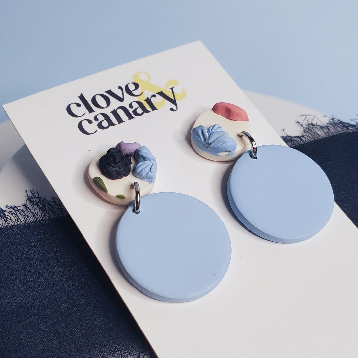 Small Circle Floral Dangle Earrings - Light Blue Solid