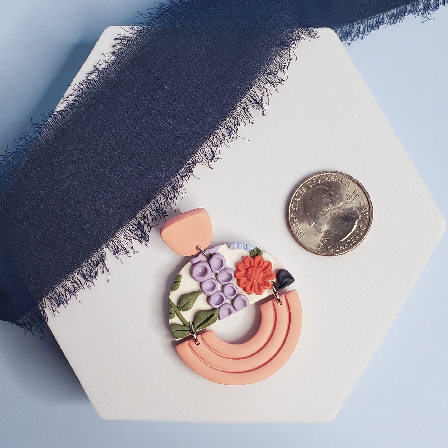 Embossed Circle Floral Dangle Earrings - Coral Pink